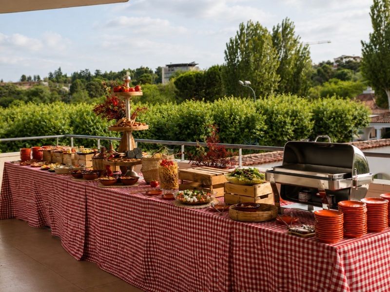 Mesas del aperitivo en la terraza con la pista del hipódromo de fondo